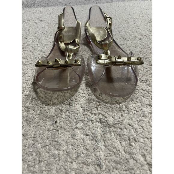 Stuart Weitzman Womens 6 EU36 Clear Aria Gold Bow Jelly Sandals Studded Strappy - Picture 2 of 12